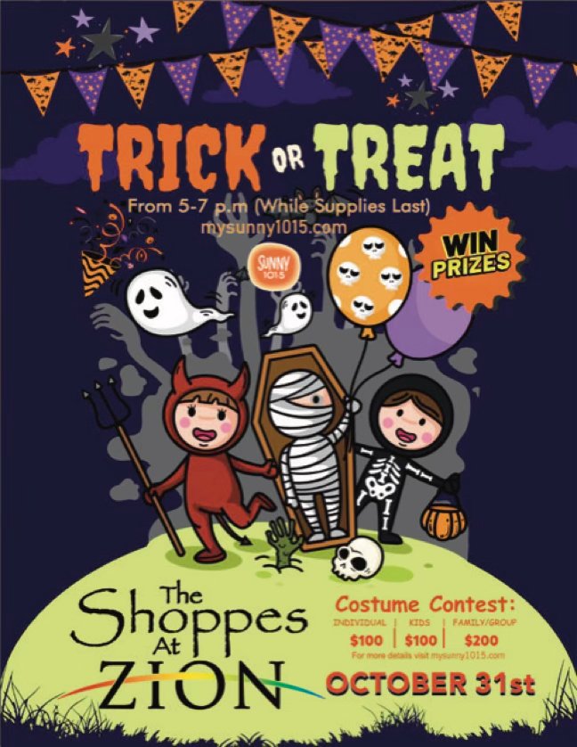 Halloween flyer for Trick or Treat at The Shoppes at Zion in St. George, Utah, on October 31st from 5–7 p.m. with Sunny 101.5, featuring a costume contest with $100 individual, $100 kids and $200 family/group prizes.